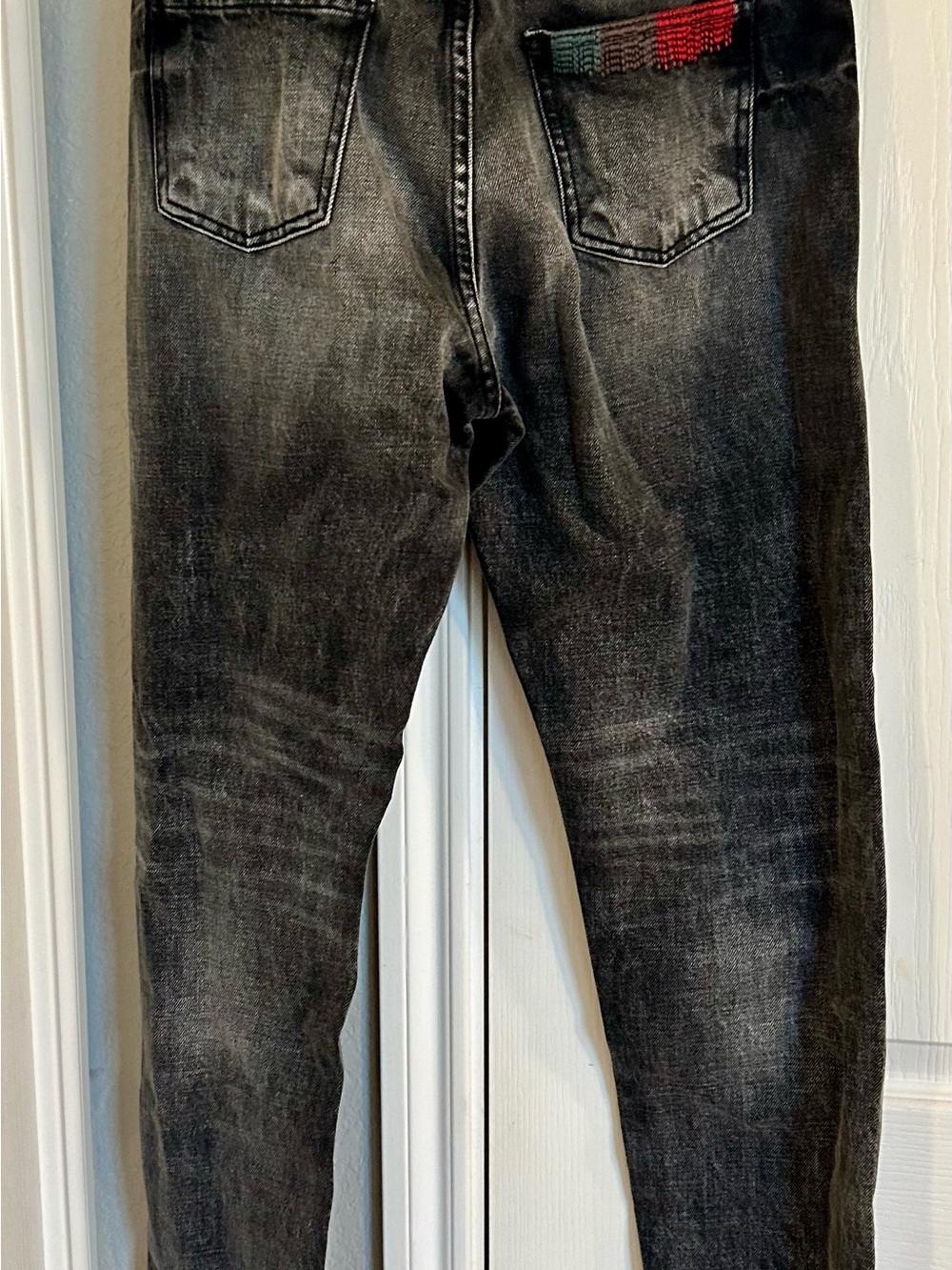 Women's Embroidered Mid Rise Tapered Washed Black Jeans